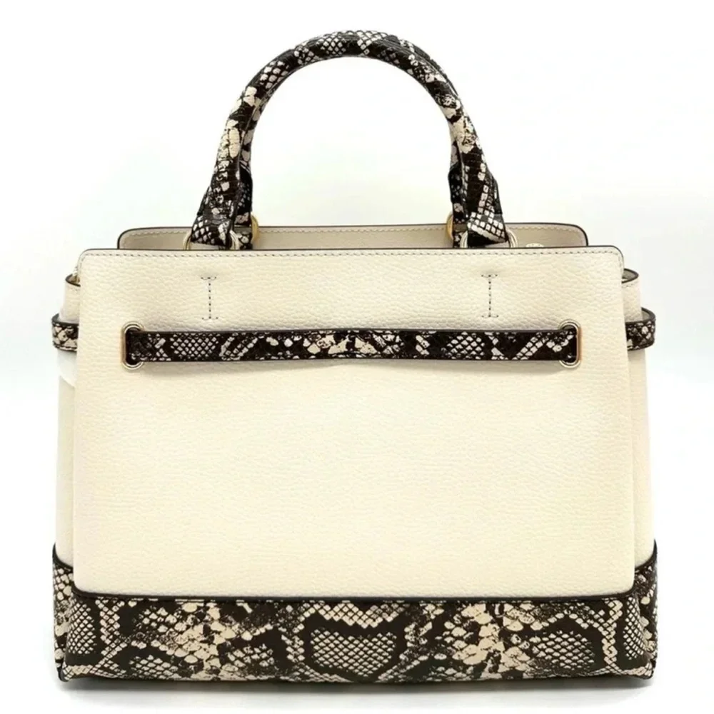 Michael Kors Large Reed Leather Belted Satchel Crossbody Bag Cream Snakeskin